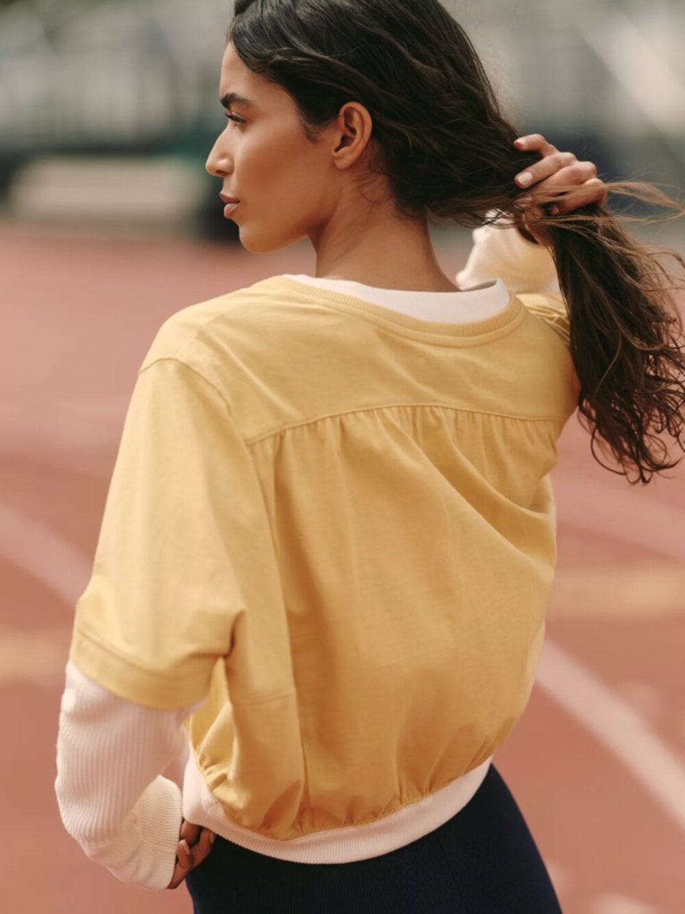 Daily Practice Anthropologie Coin Toss Crop Top Yellow + Cream Sweatshirt, Large - Picture 2 of 11